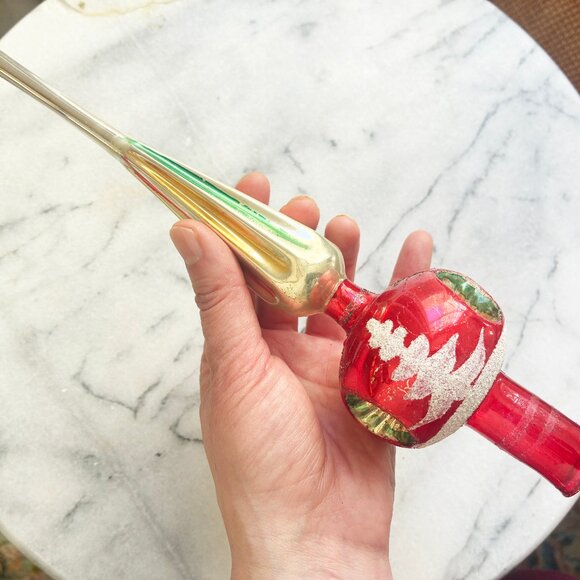 Vintage Poland Indent Red Silver 11" Glass Christmas Tree Topper Feather Medium - Picture 5 of 10